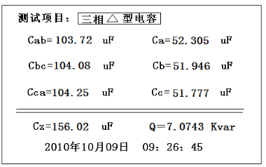 三相电容电感测试仪单相电容量及总电容量计算结果